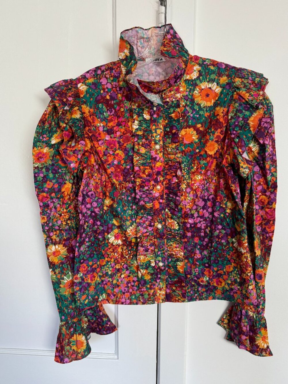 Batsheva Green Monet Floral Ruffle Pearl Button Blouse Size 8 Made USA